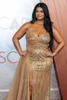 Drew Afualo warm beige 2025 glitter Oscars red carpet dress