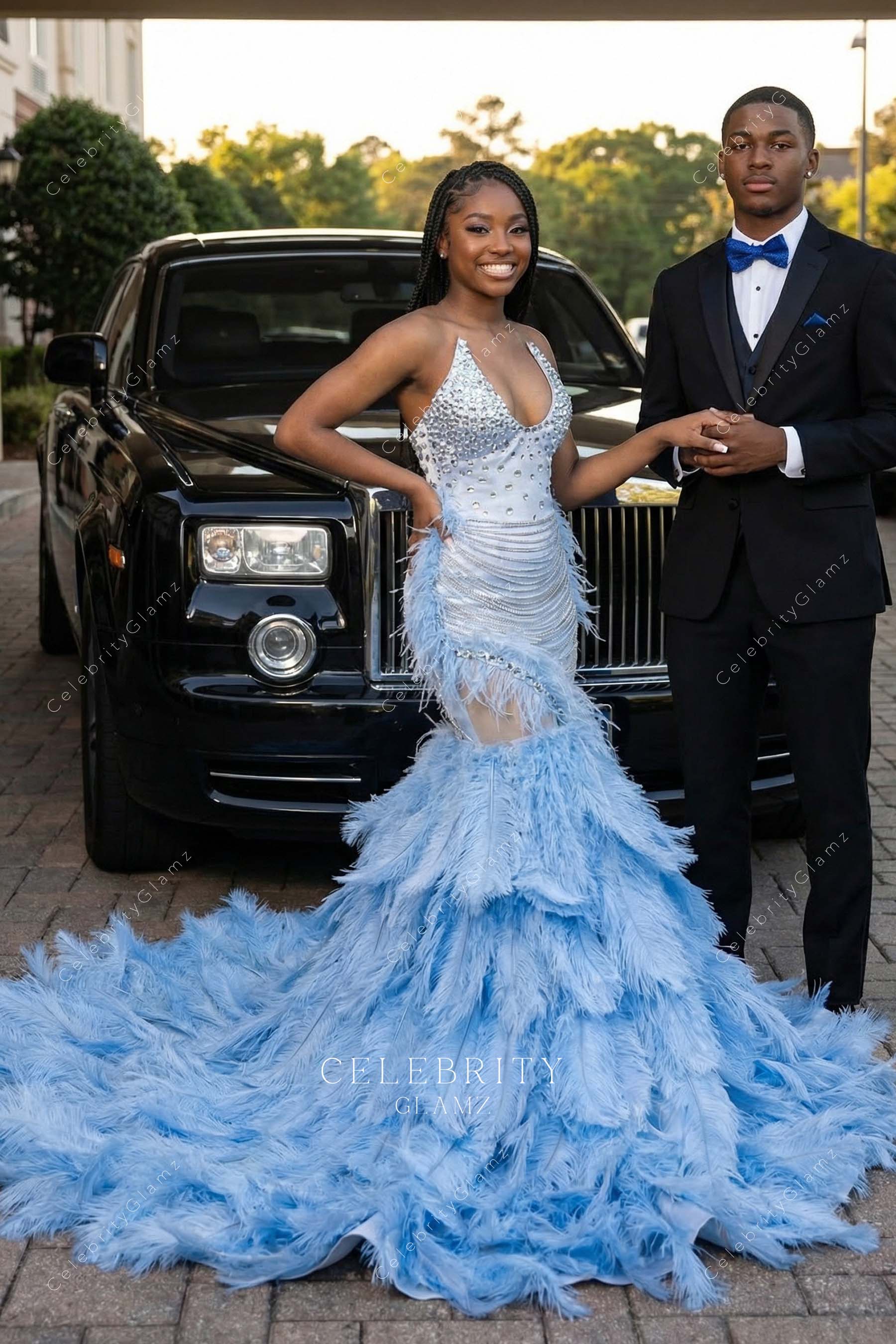dusty blue feathered trumpet prom dress