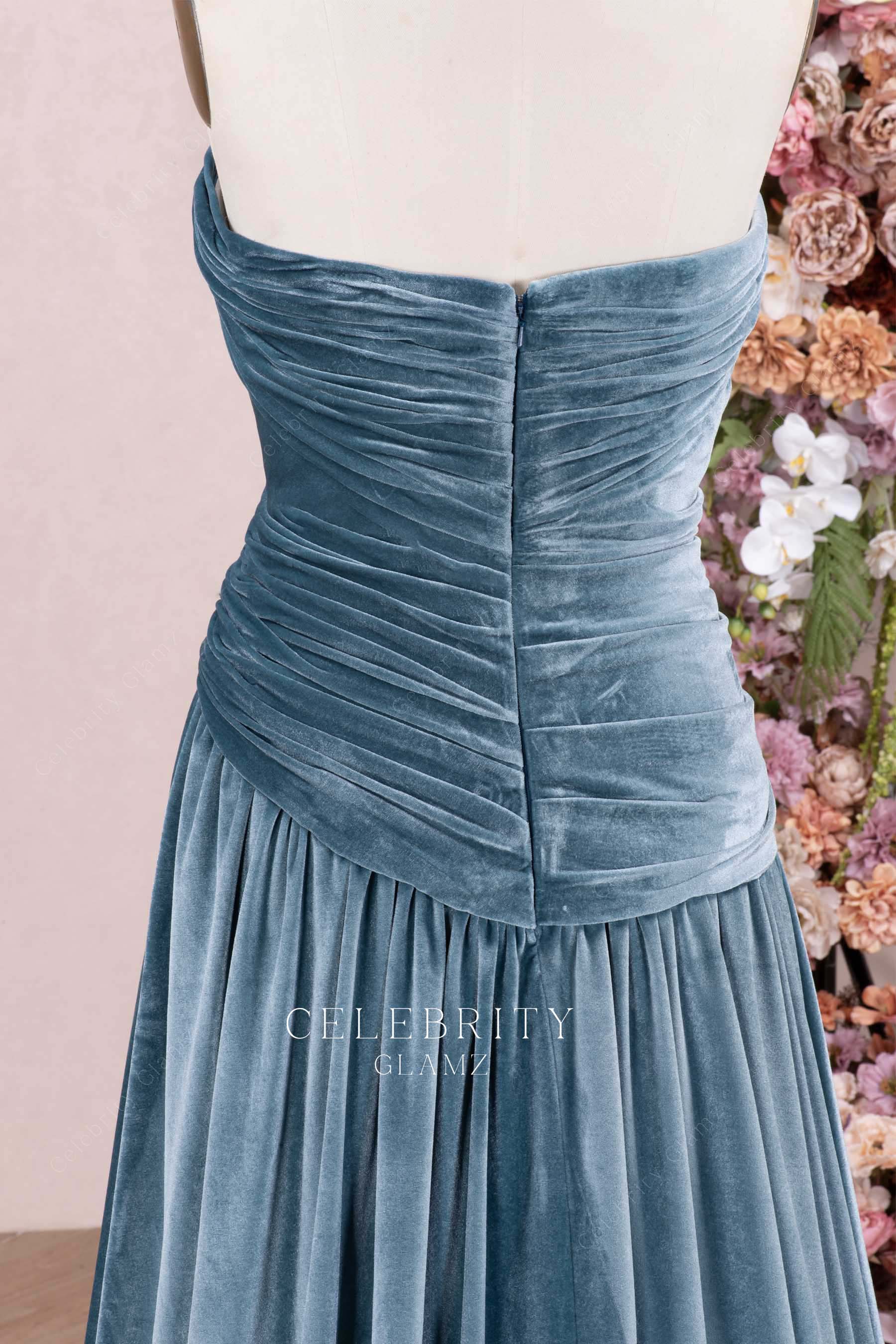 dusty blue open back formal dress