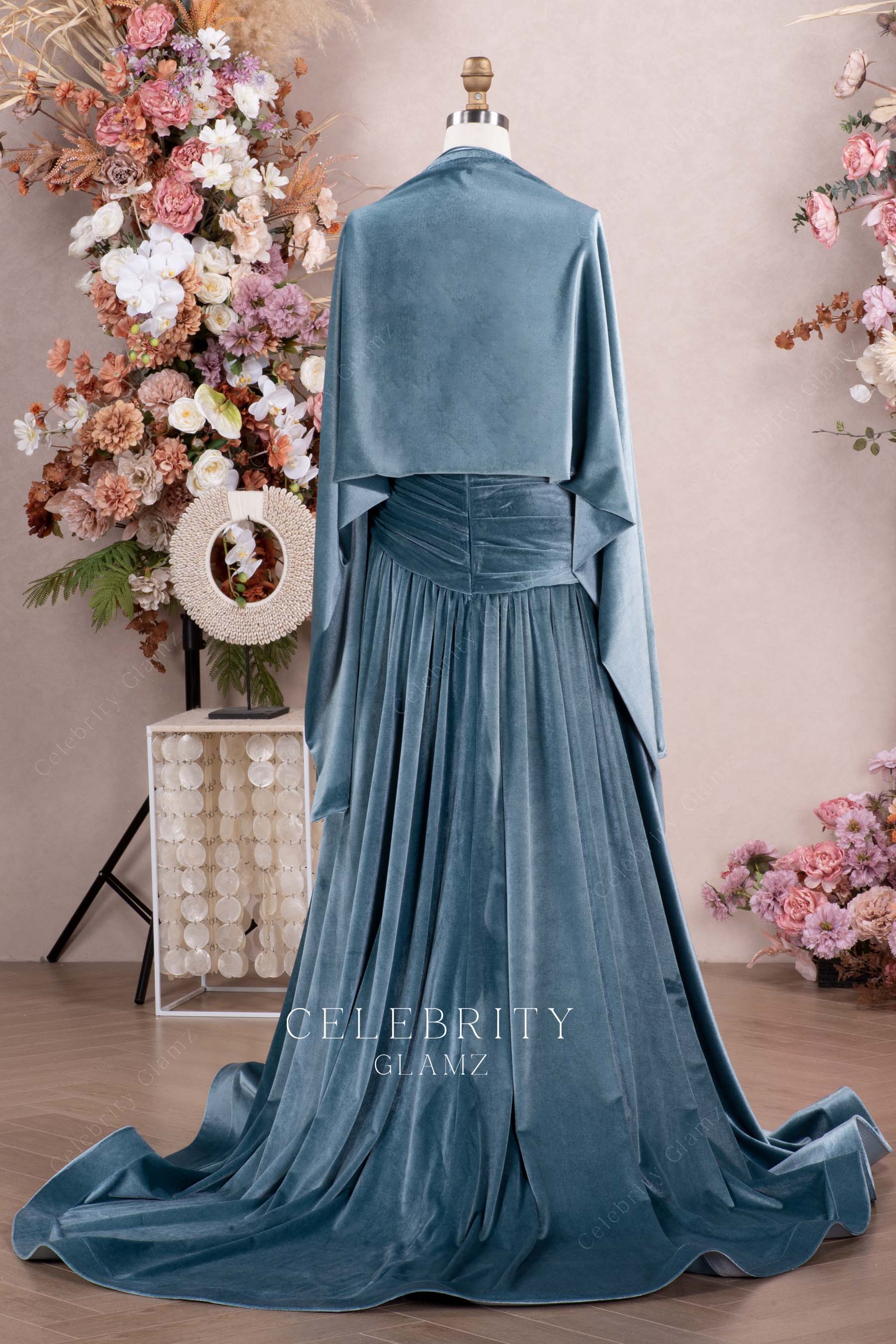 dusty blue pleated formal dress
