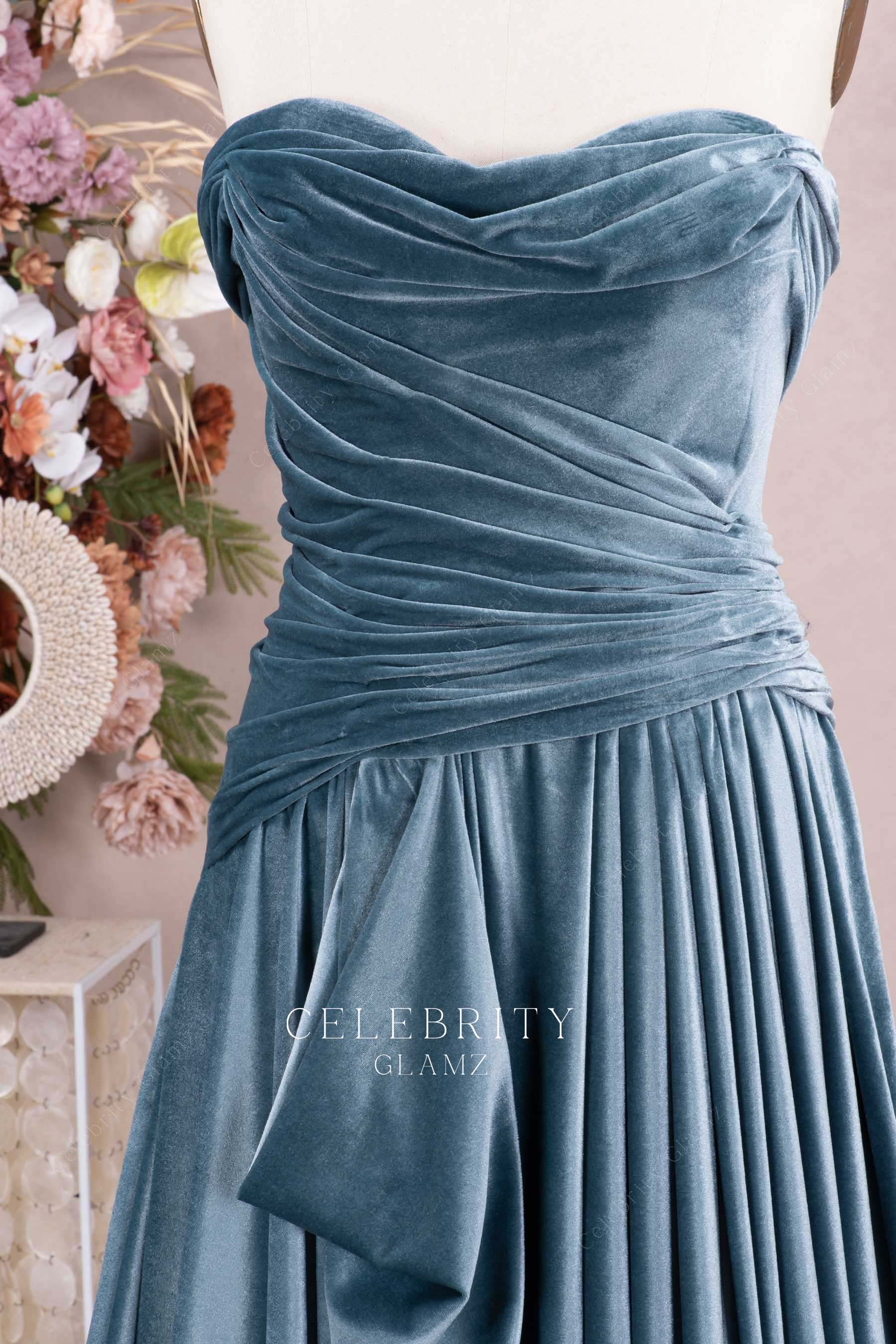 dusty blue strapless formal dress