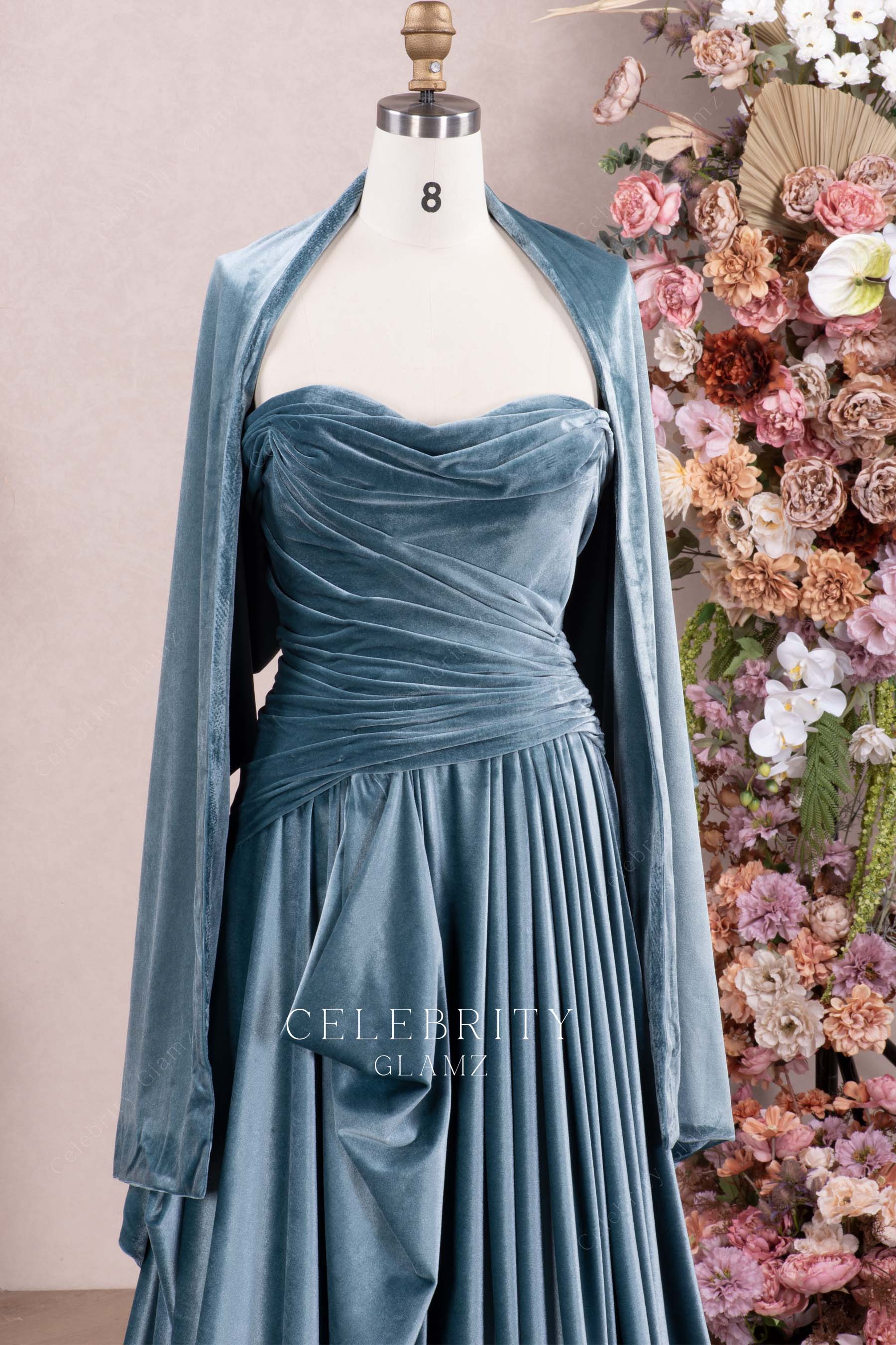 dusty blue sweetheart neck formal dress