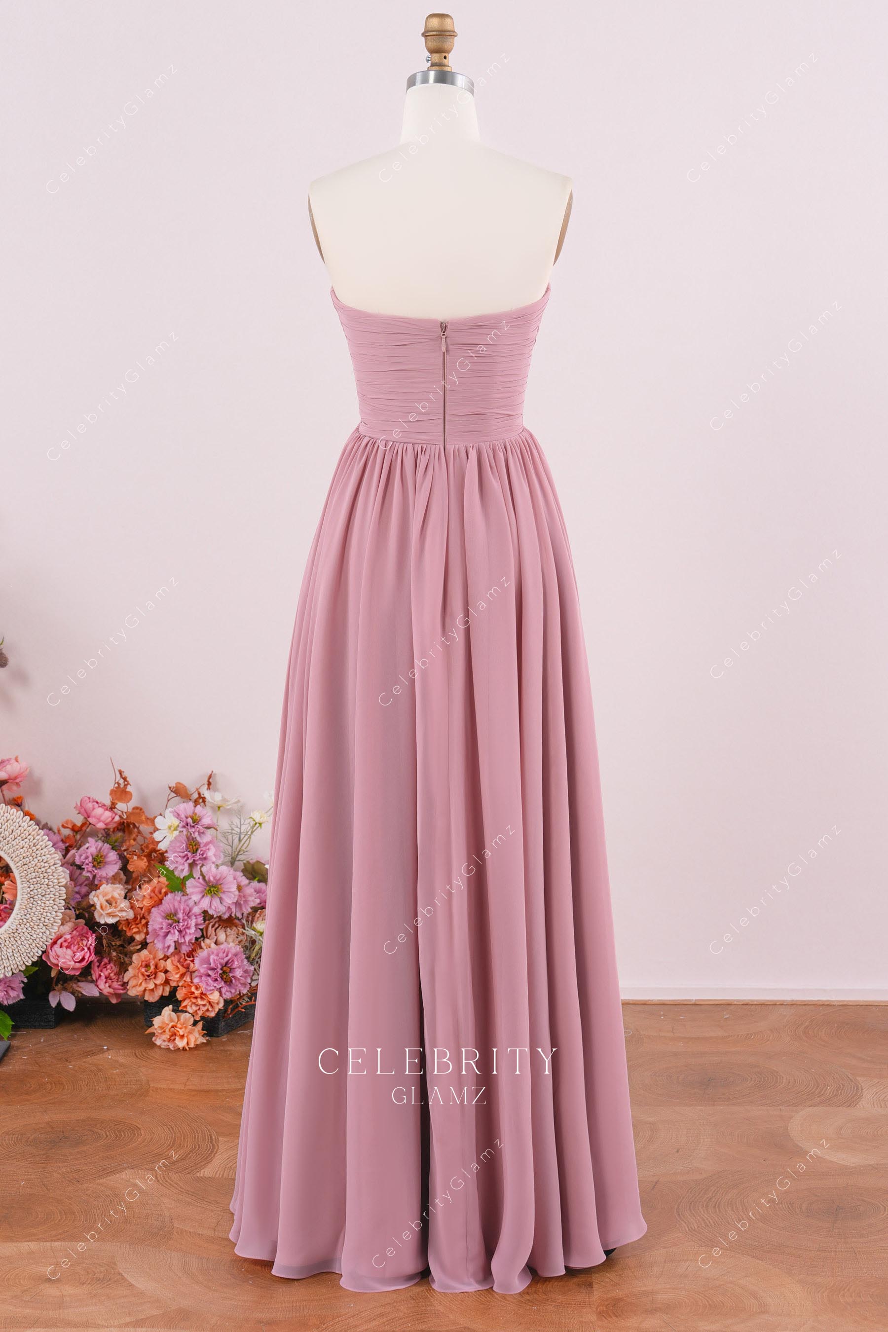 dusty pink chiffon floor length bridesmaid dress