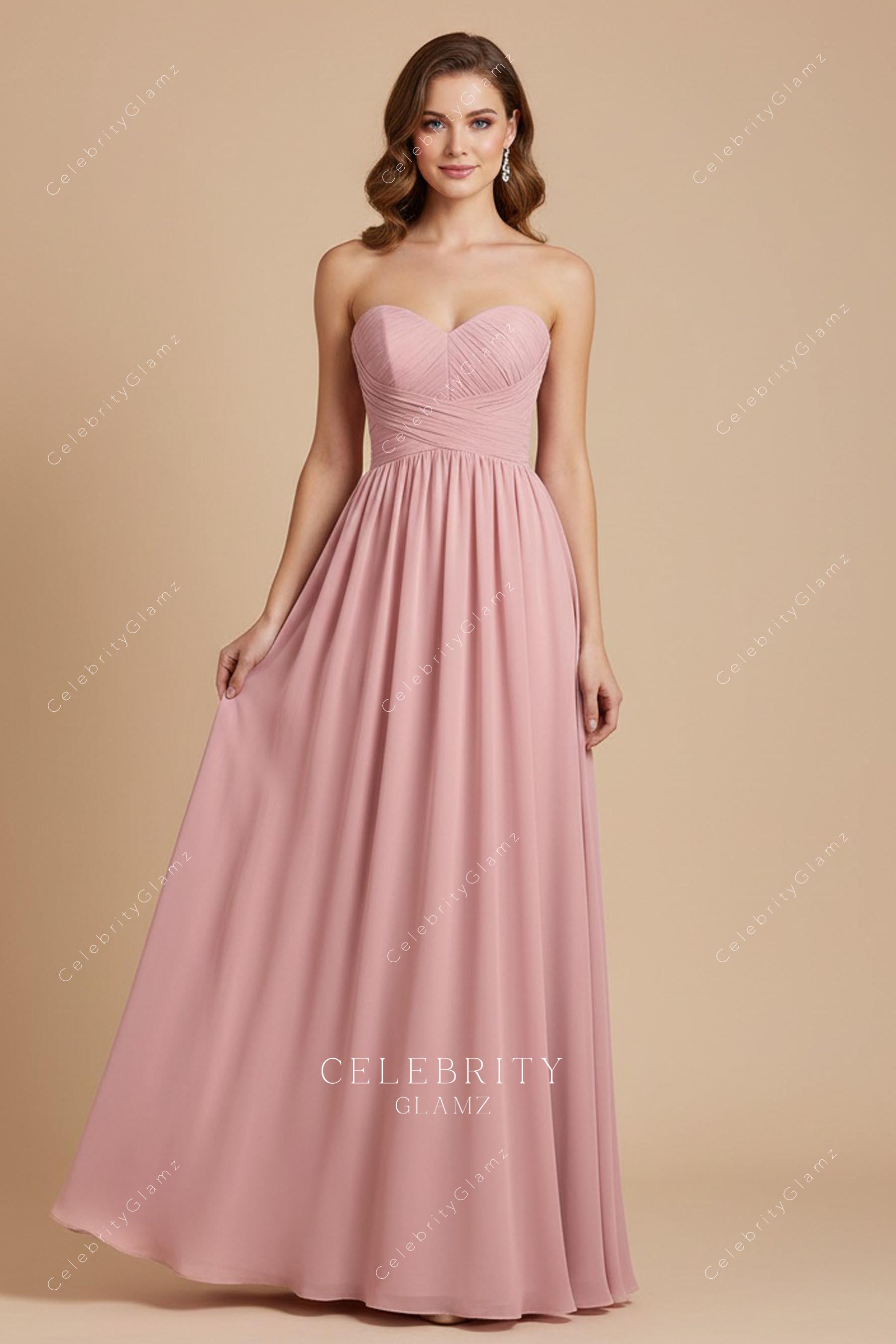 dusty pink chiffon strapless bridesmaid dress