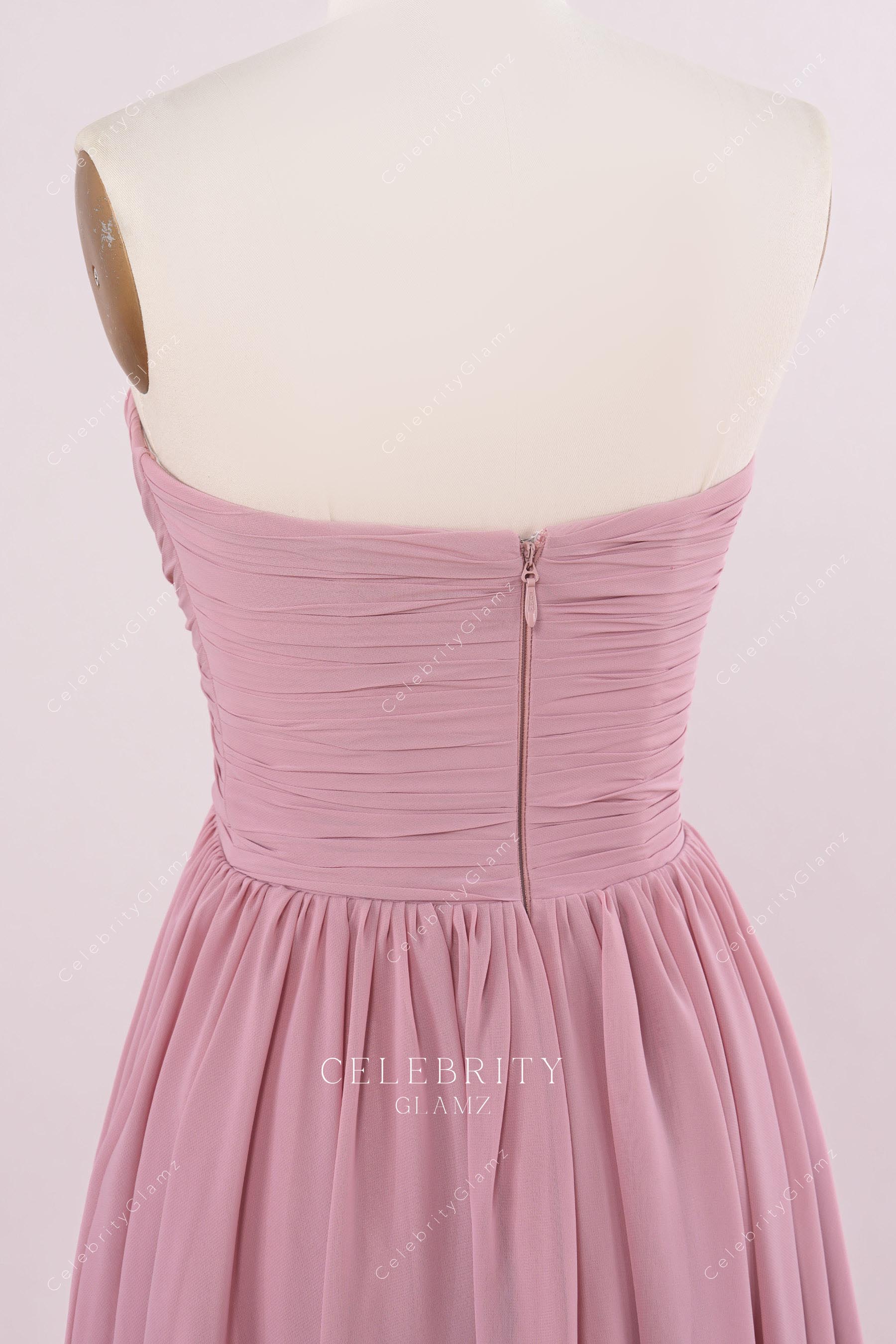 dusty pink pleated backless bridesmaid dress