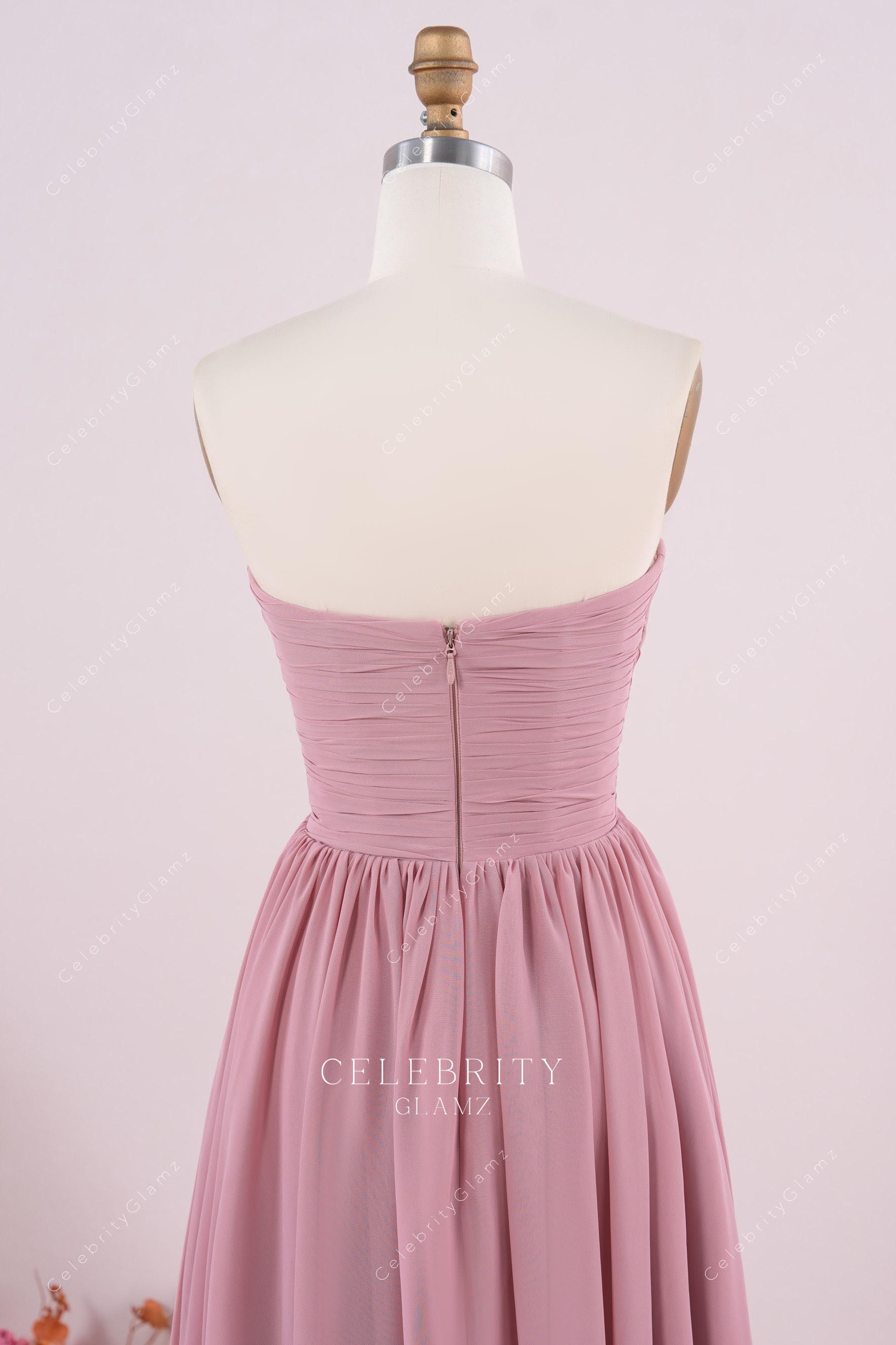 dusty pink strapless open back bridesmaid dress