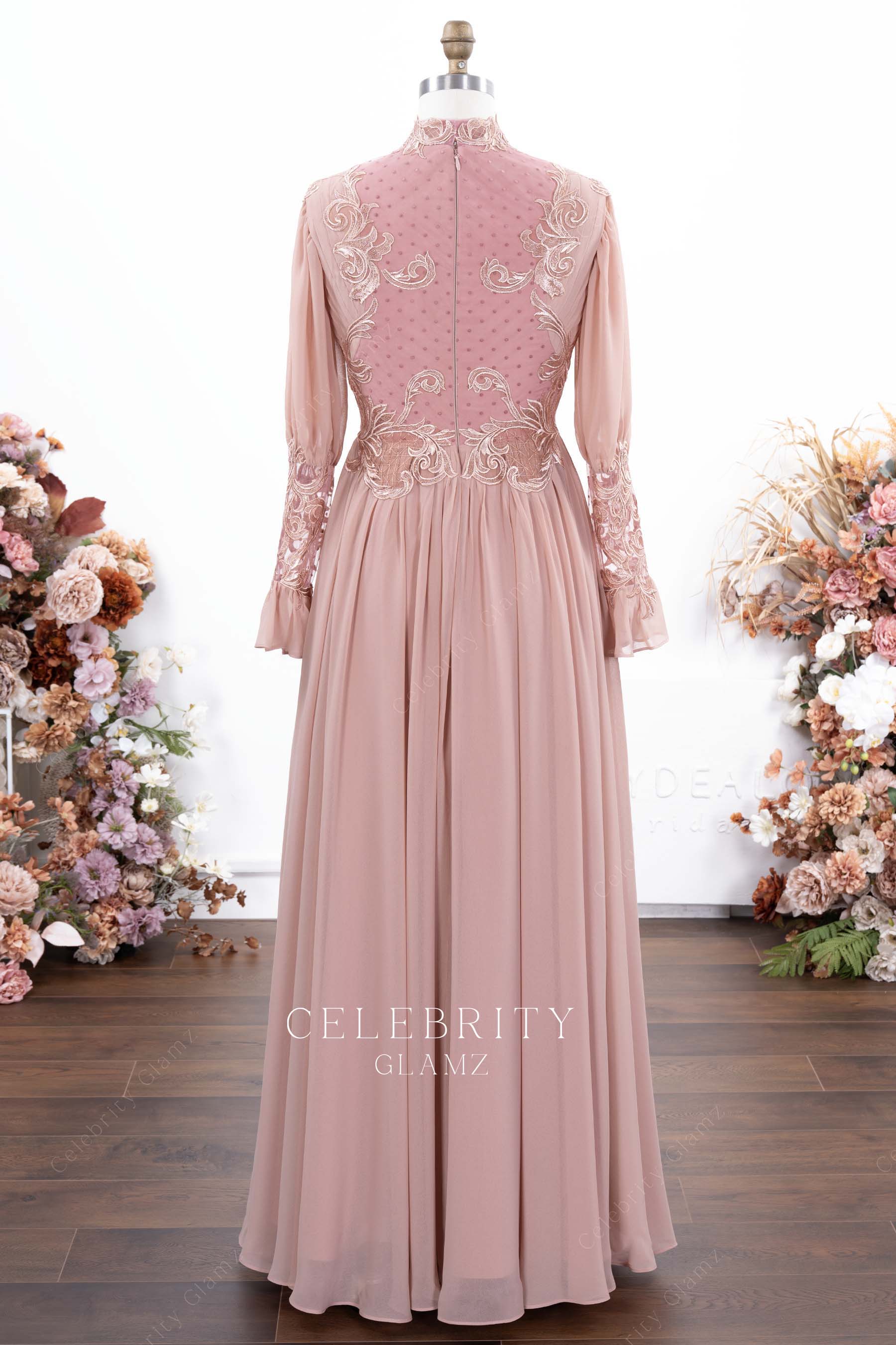 dusty rose floor length formal dress 