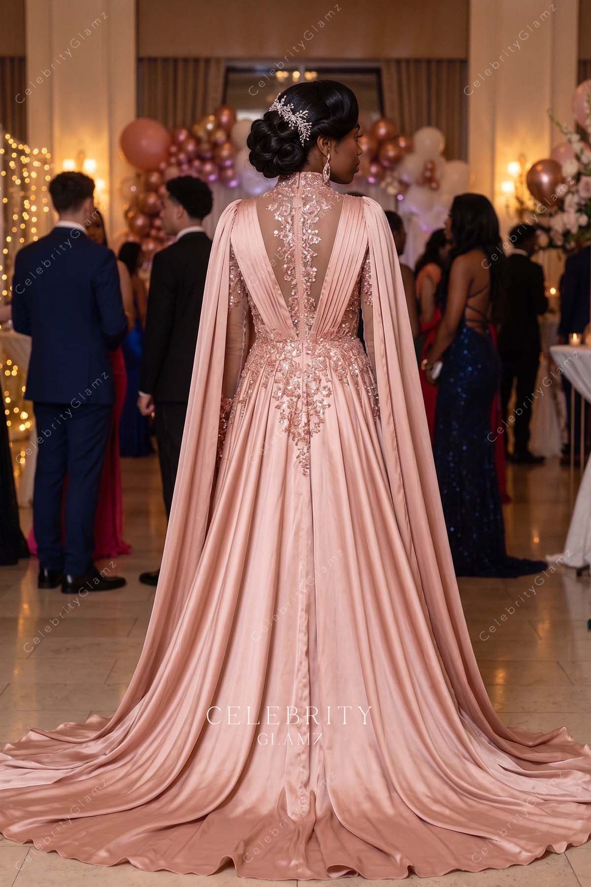 dusty rose illusion plunging back formal dress
