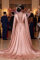 dusty rose illusion plunging back formal dress