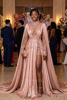 dusty rose lace appliques a line satin formal dress
