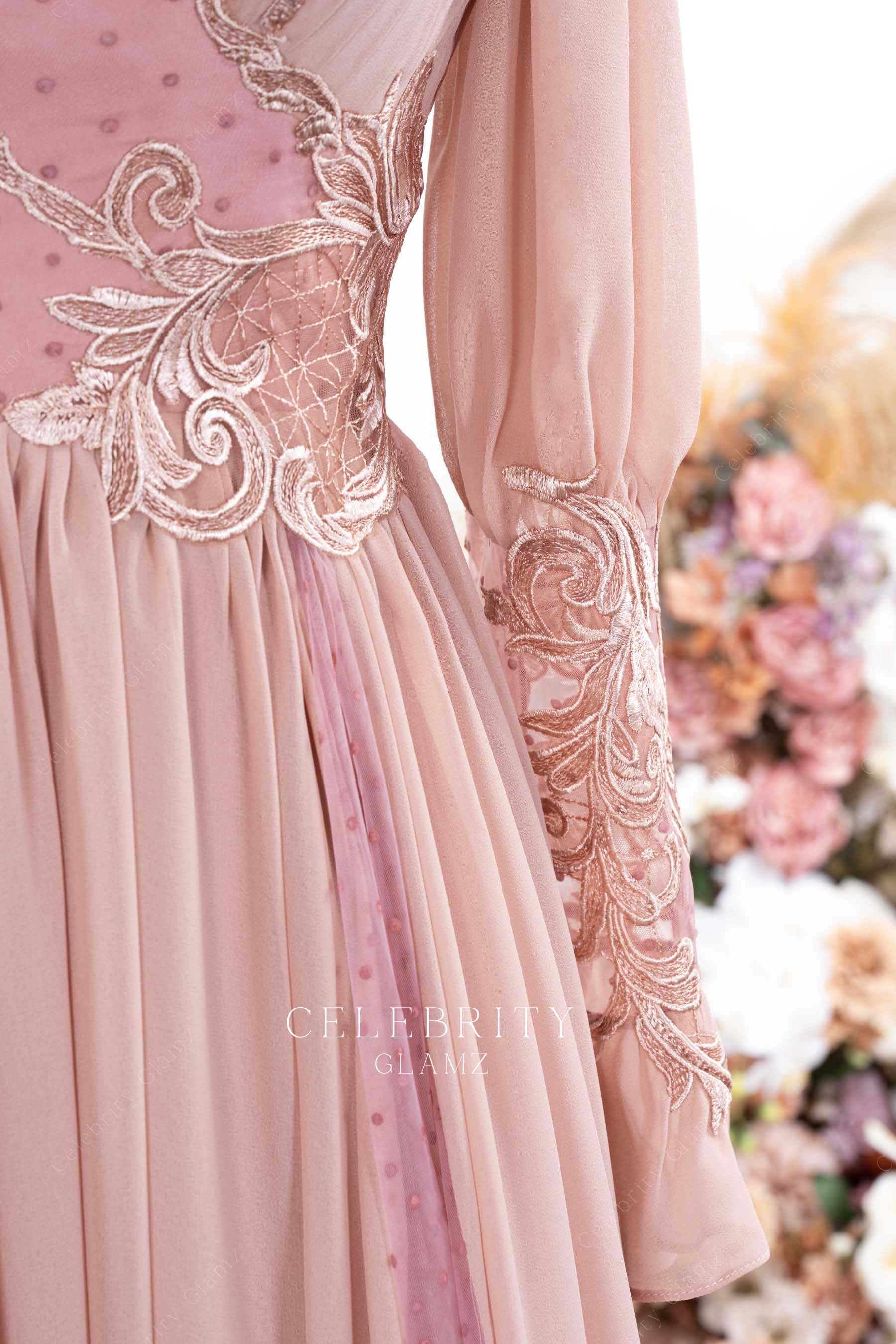dusty rose lace appliques formal dress 
