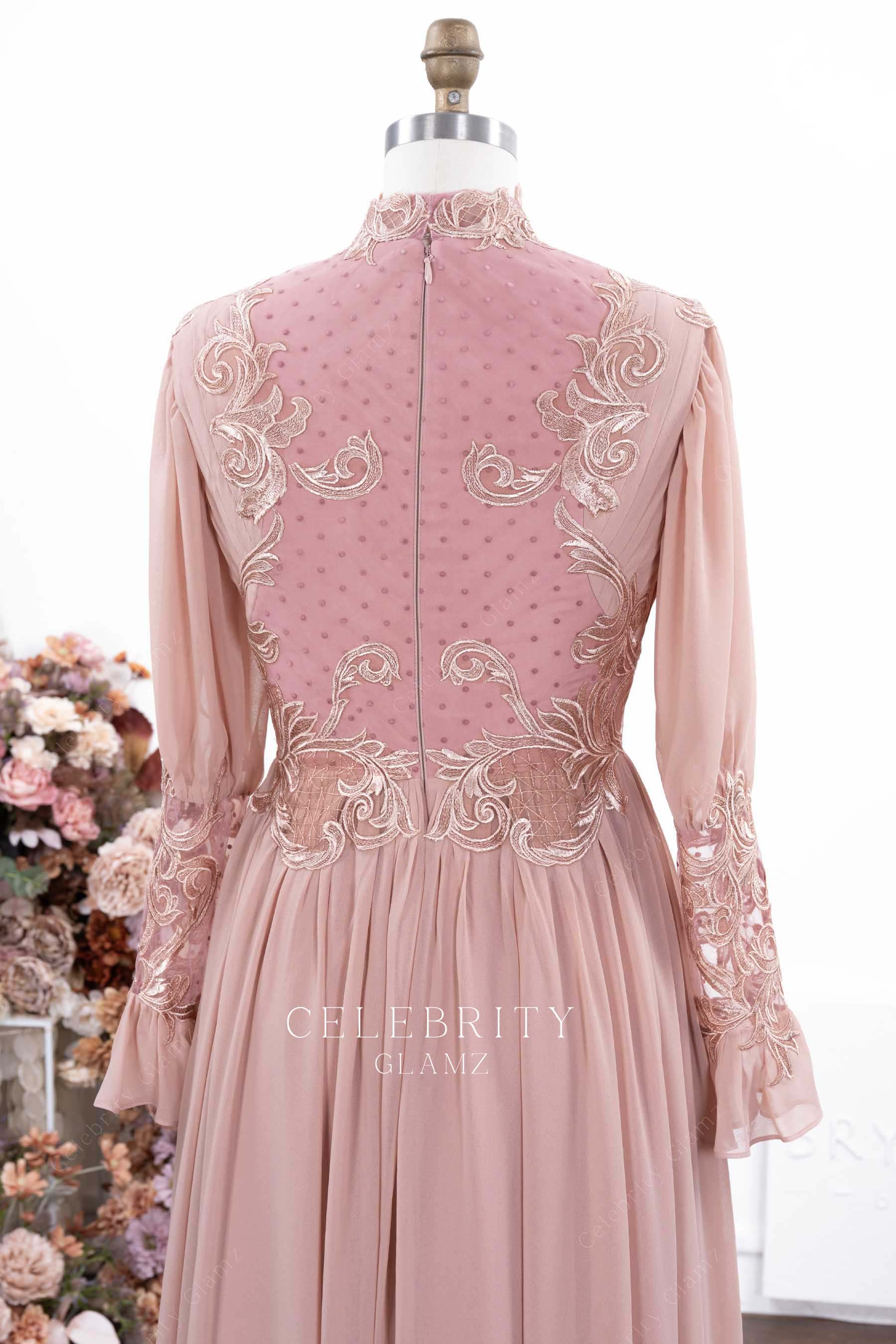 dusty rose long sleeves formal dress 