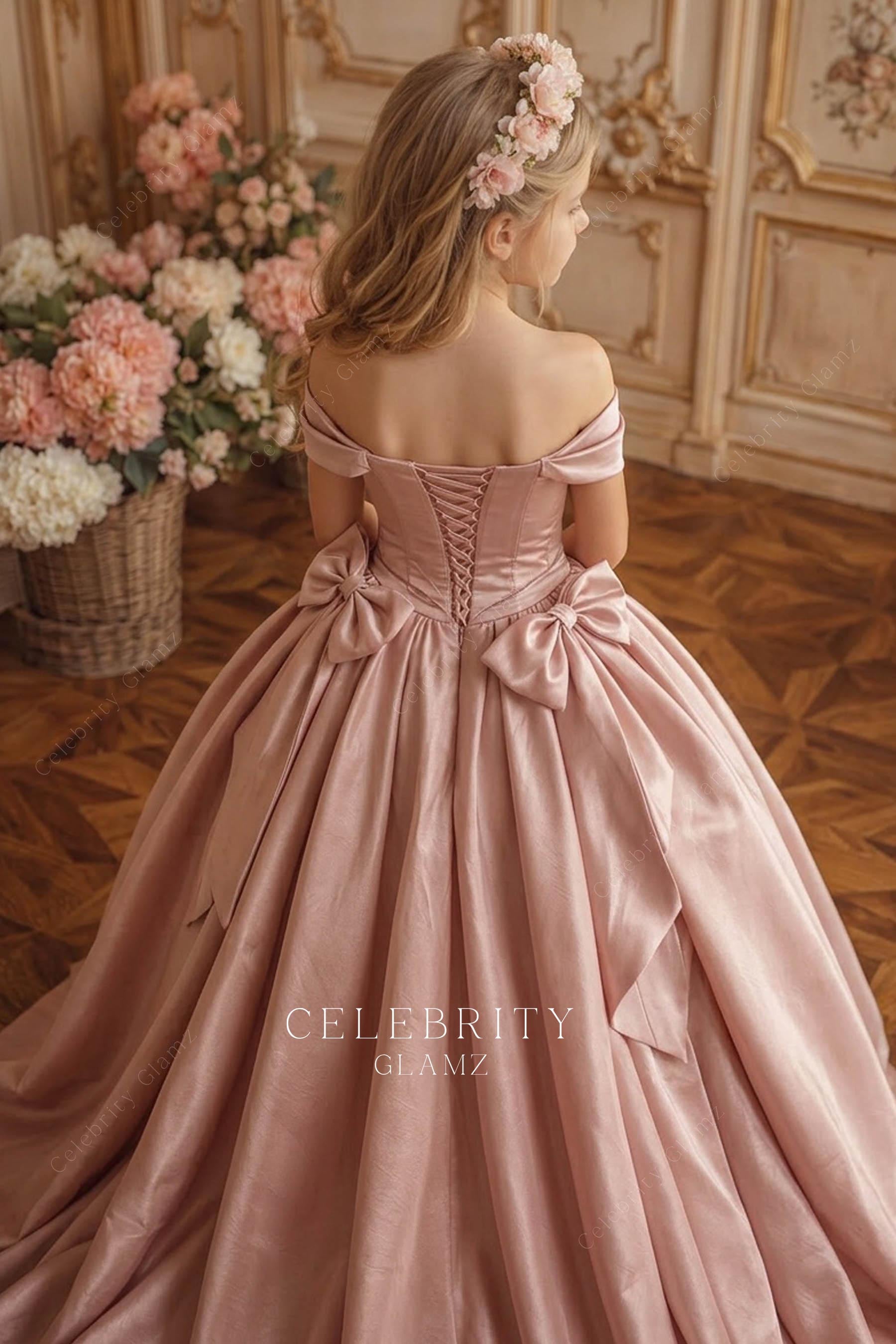 dusty rose off shoulder kids formal ballgown