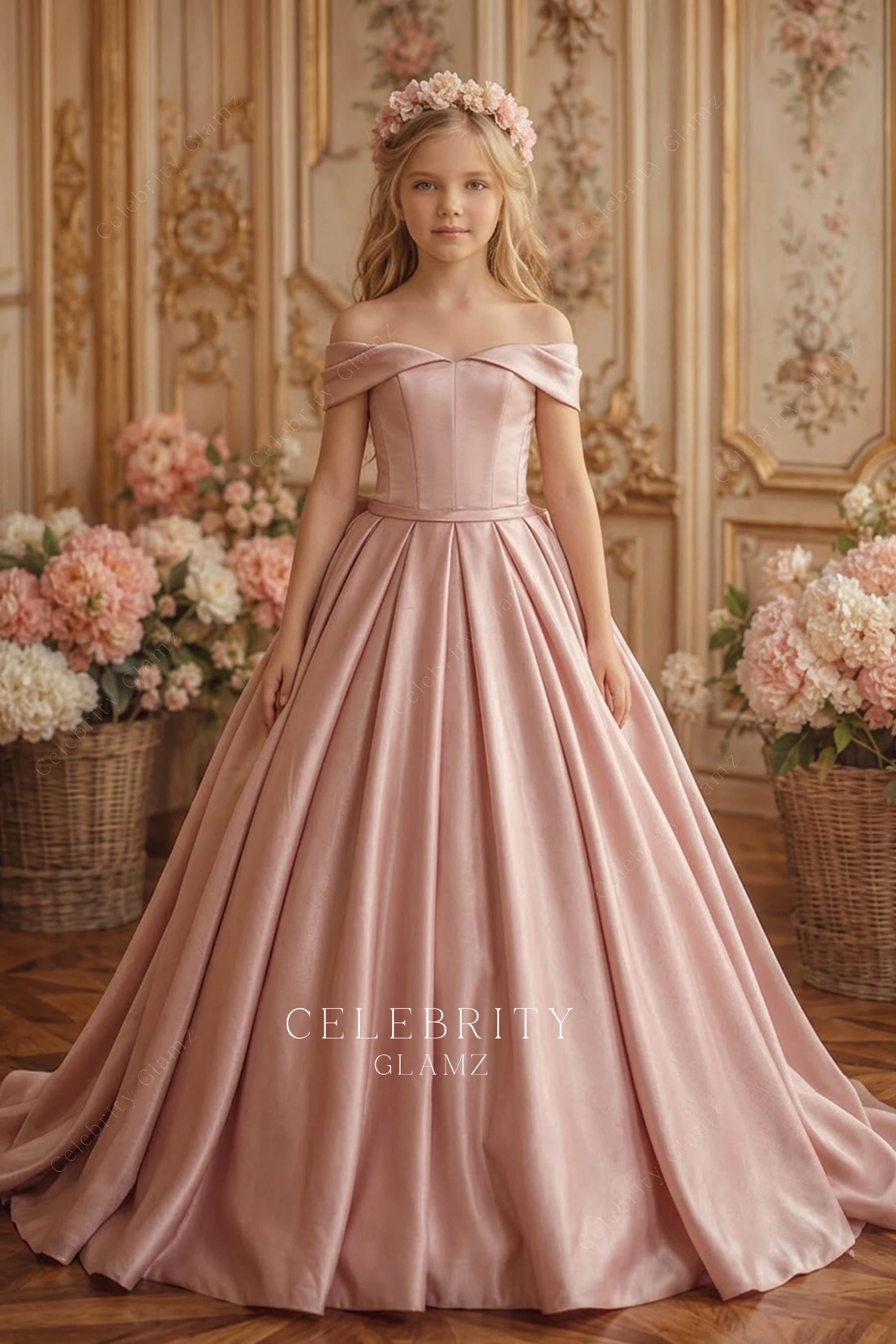 dusty rose satin a line kids formal ballgown