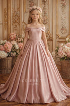 dusty rose satin a line kids formal ballgown