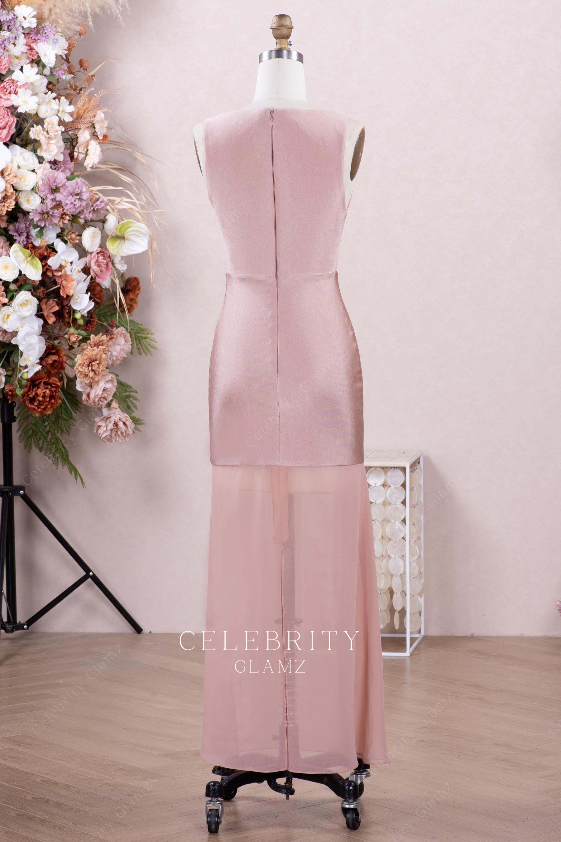 dusty rose sheer ankle length party dress