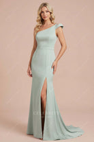 dusty sage one shoulder bridesmaid dress