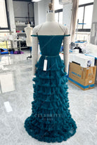 elegant peacock tiered tulle prom dress