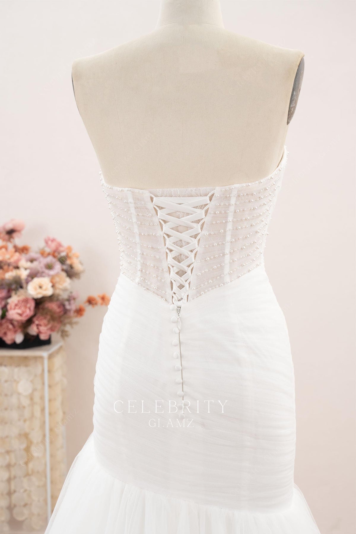 elegant pearl back wedding dress