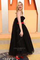 Elle Fanning black 2025 Vanity fair party Watteau train dress