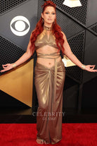Elley Duhé warm beige halter prom dress Grammys red carpet 2024