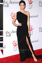 Emily Ratajkowski black asymmetrical neckline red carpet dress