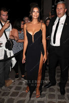 Emily Ratajkowski black plunging neck vogue foundation dinner dress 2017 