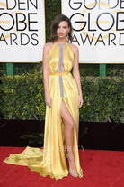 Emily Ratajkowski yellow satin slit dress golden globe awards 2017