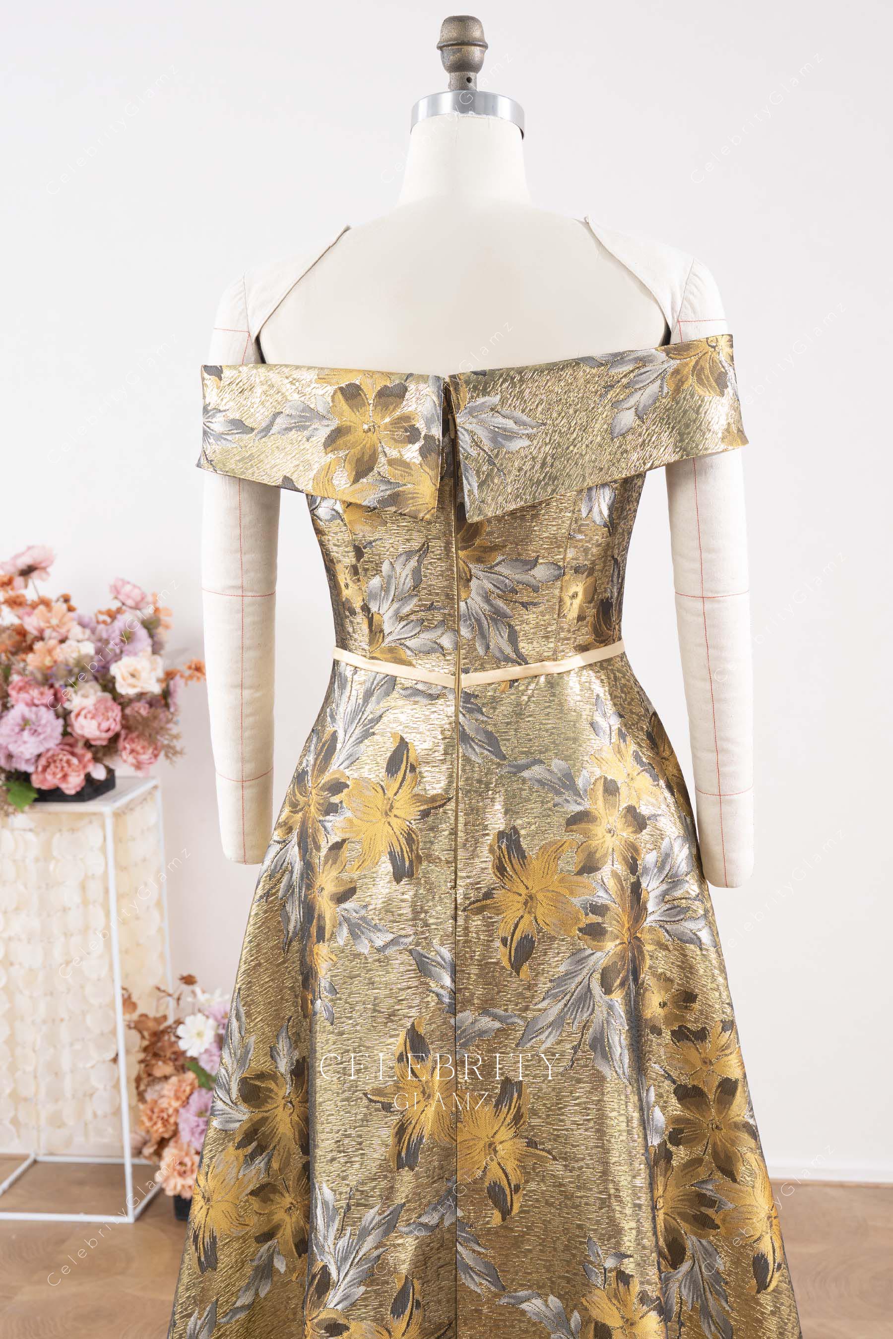 exquisite gold jacquard mother of bride dress