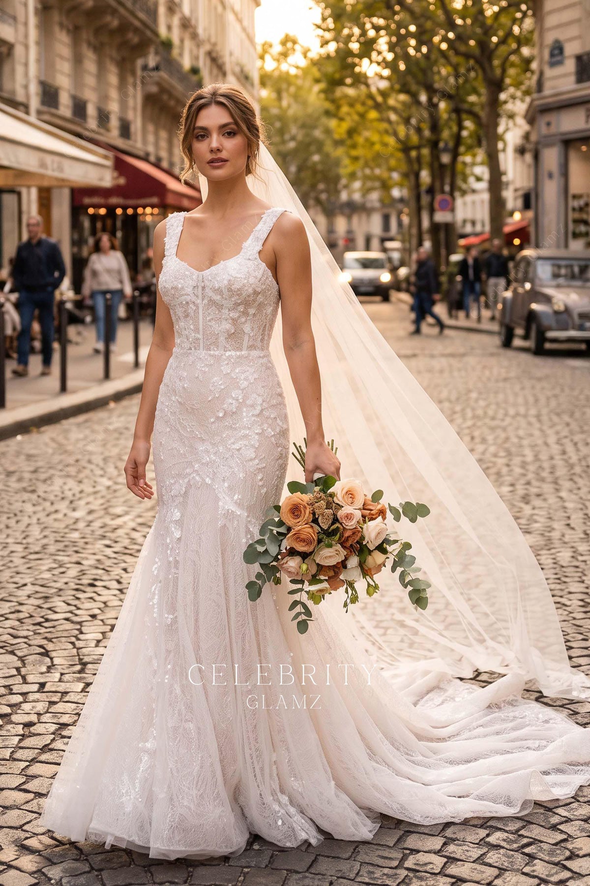 exquisite lace applique trumpet wedding dress