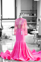 flamingo lace high neck formal dress