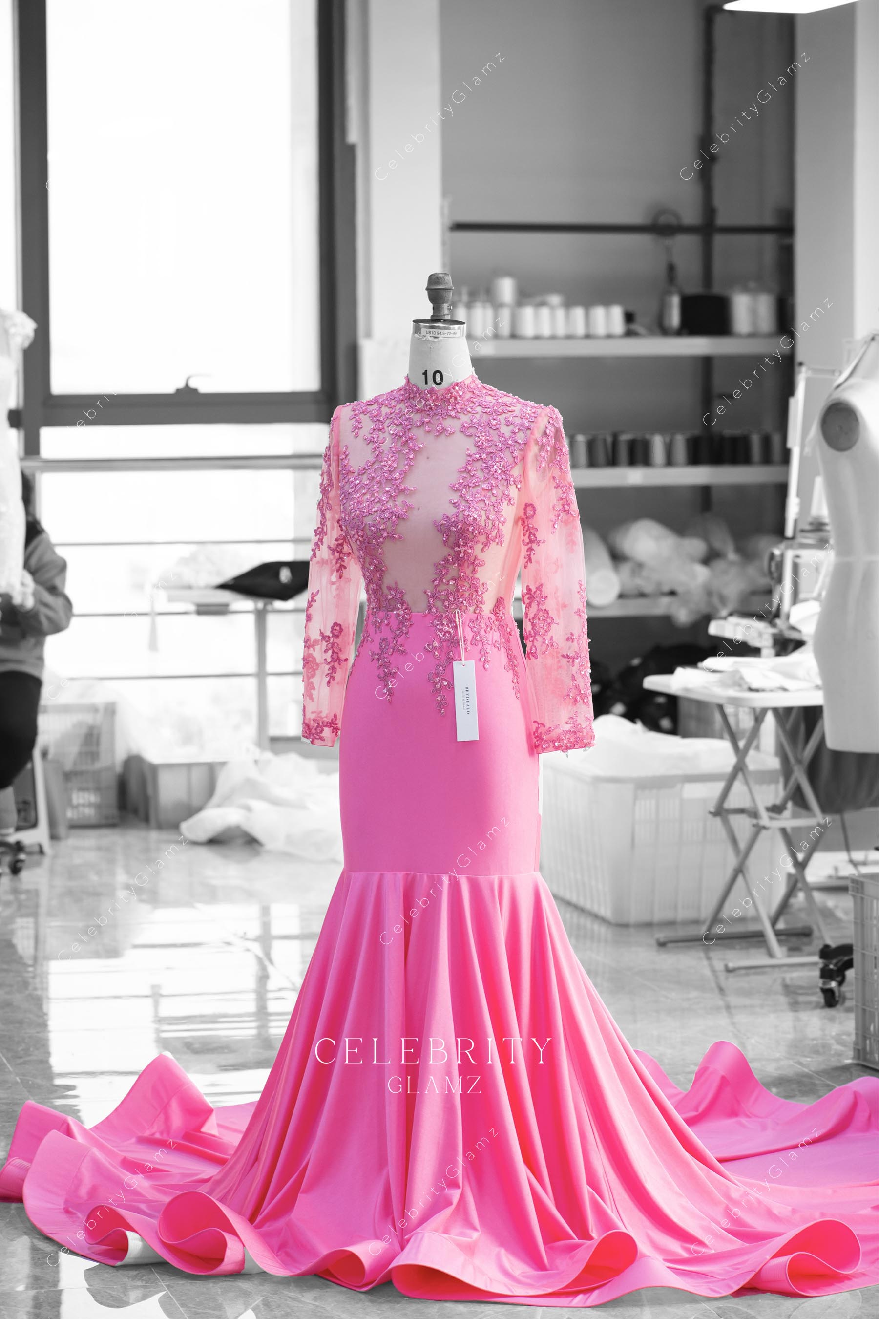 flamingo lace high neck formal dress