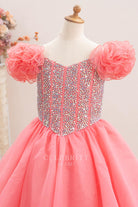 flamingo organza Basque waist pageant gown 