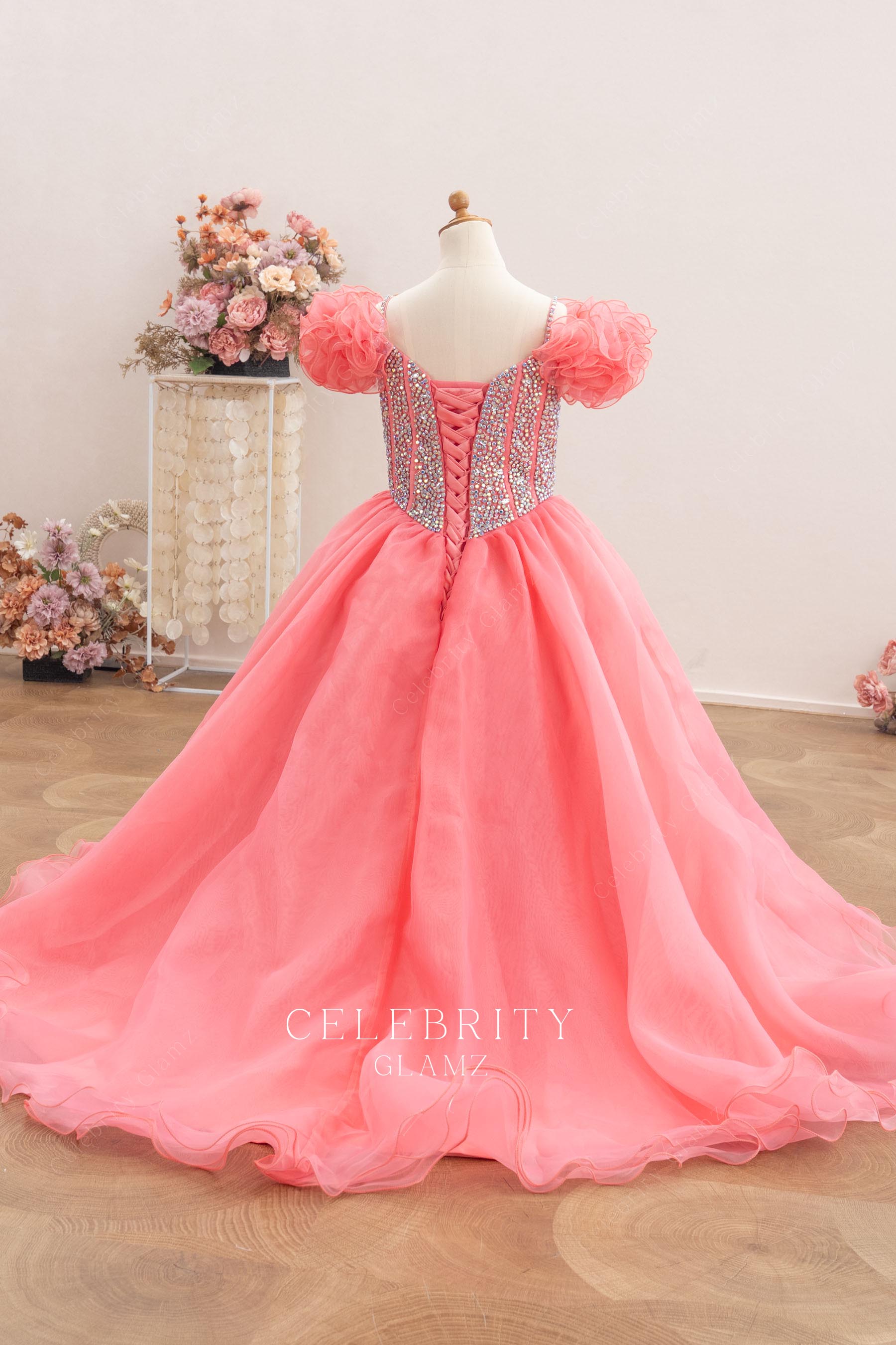 flamingo organza court train pageant gown