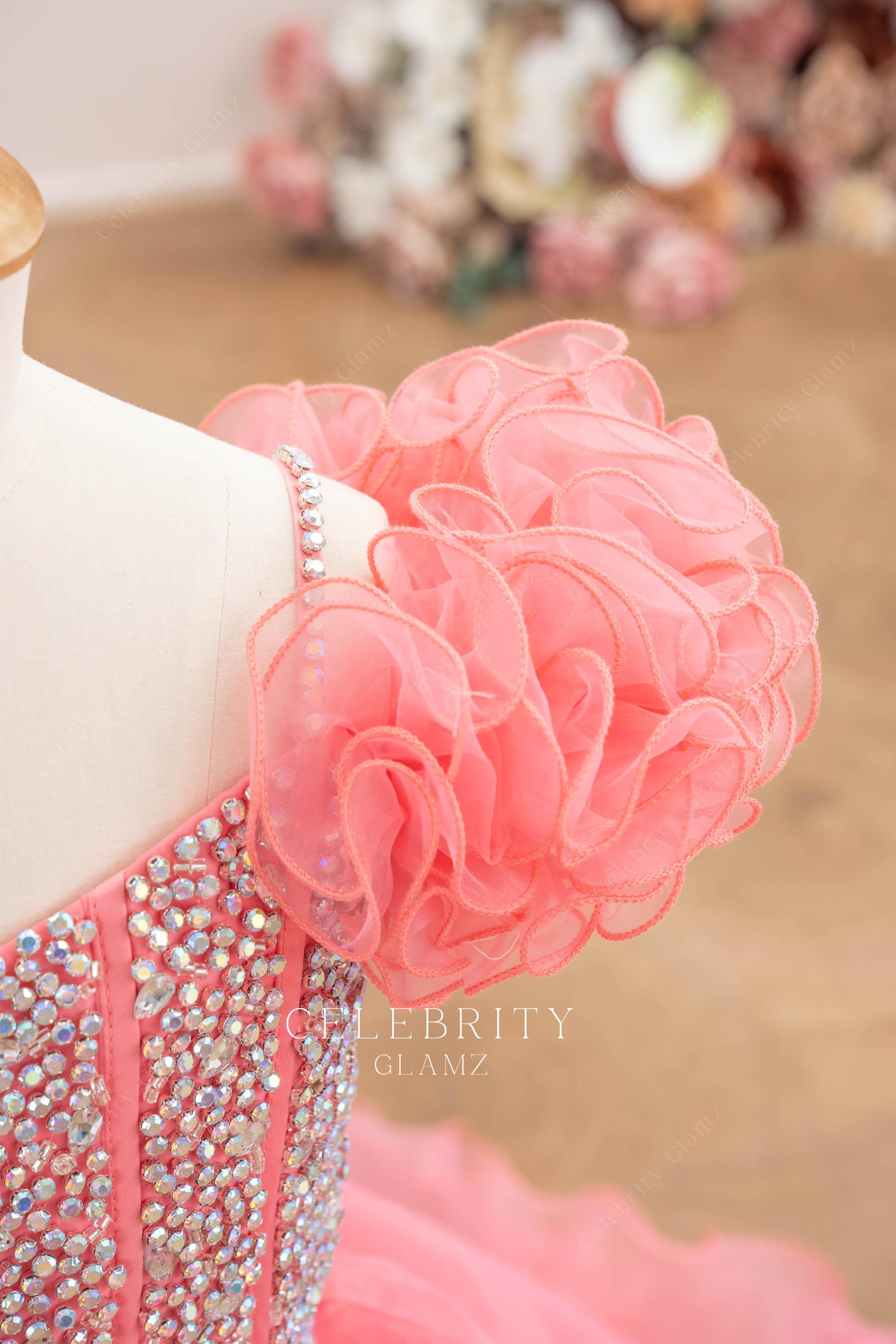 flamingo organza ruffles sleeve pageant gown