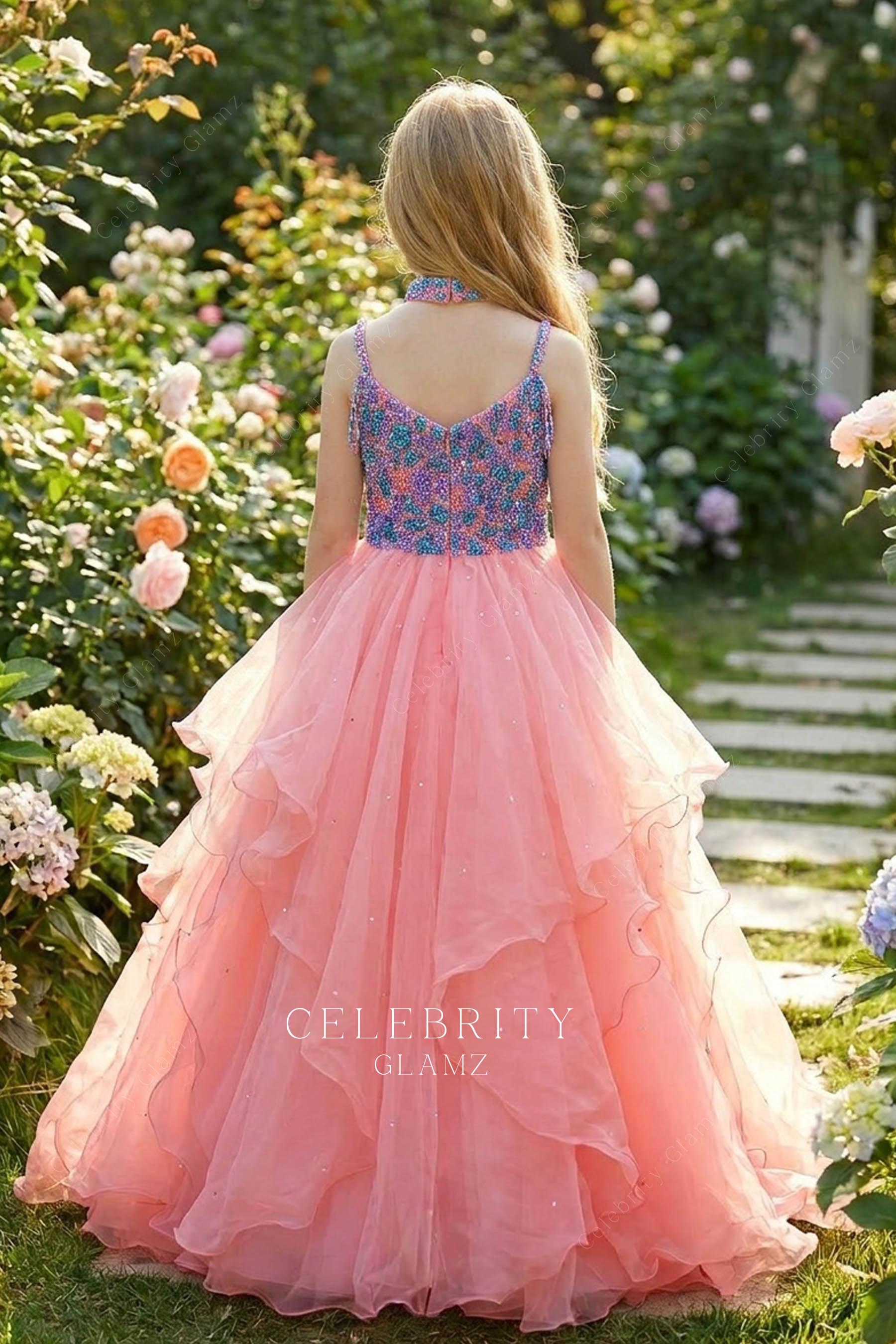 flamingo organza v back pageant gown