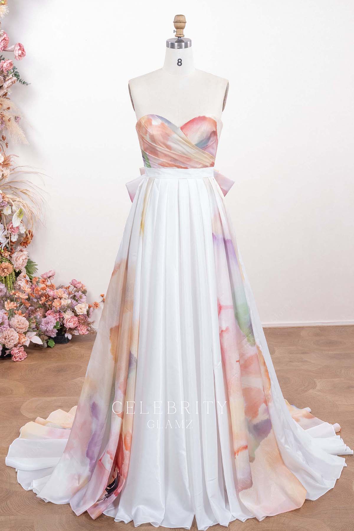 floral print a line wedding dress