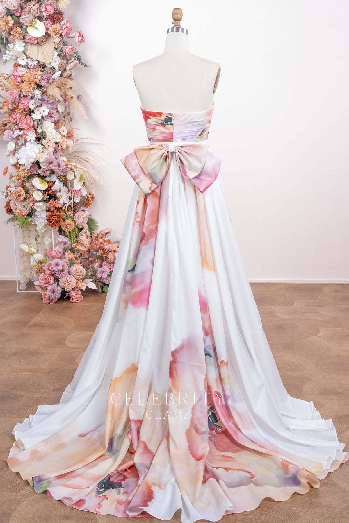 floral print court train wedding dress
