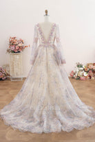 floral print court train wedding dress