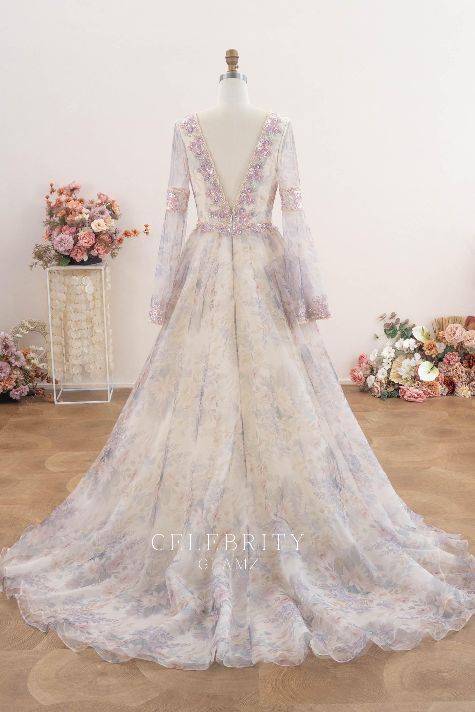 floral print court train wedding dress
