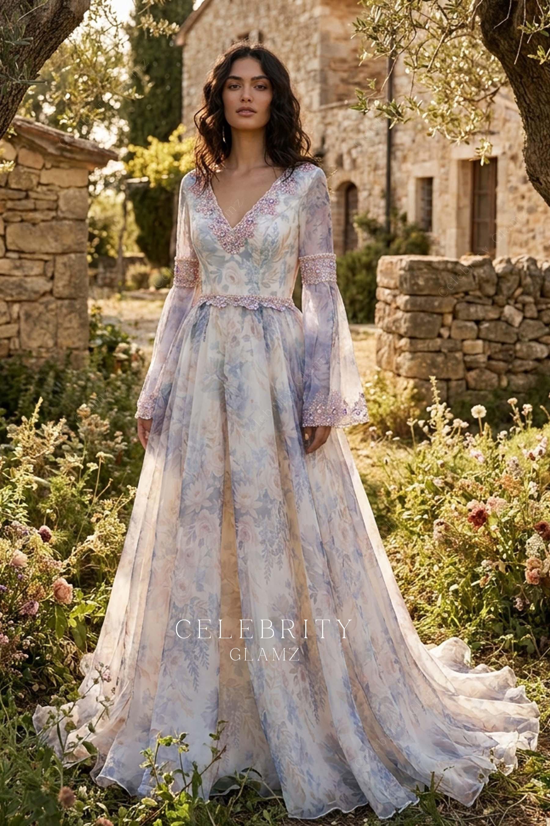 floral print organza a line bridal dress