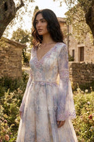 flowing floral v neck wedding dress