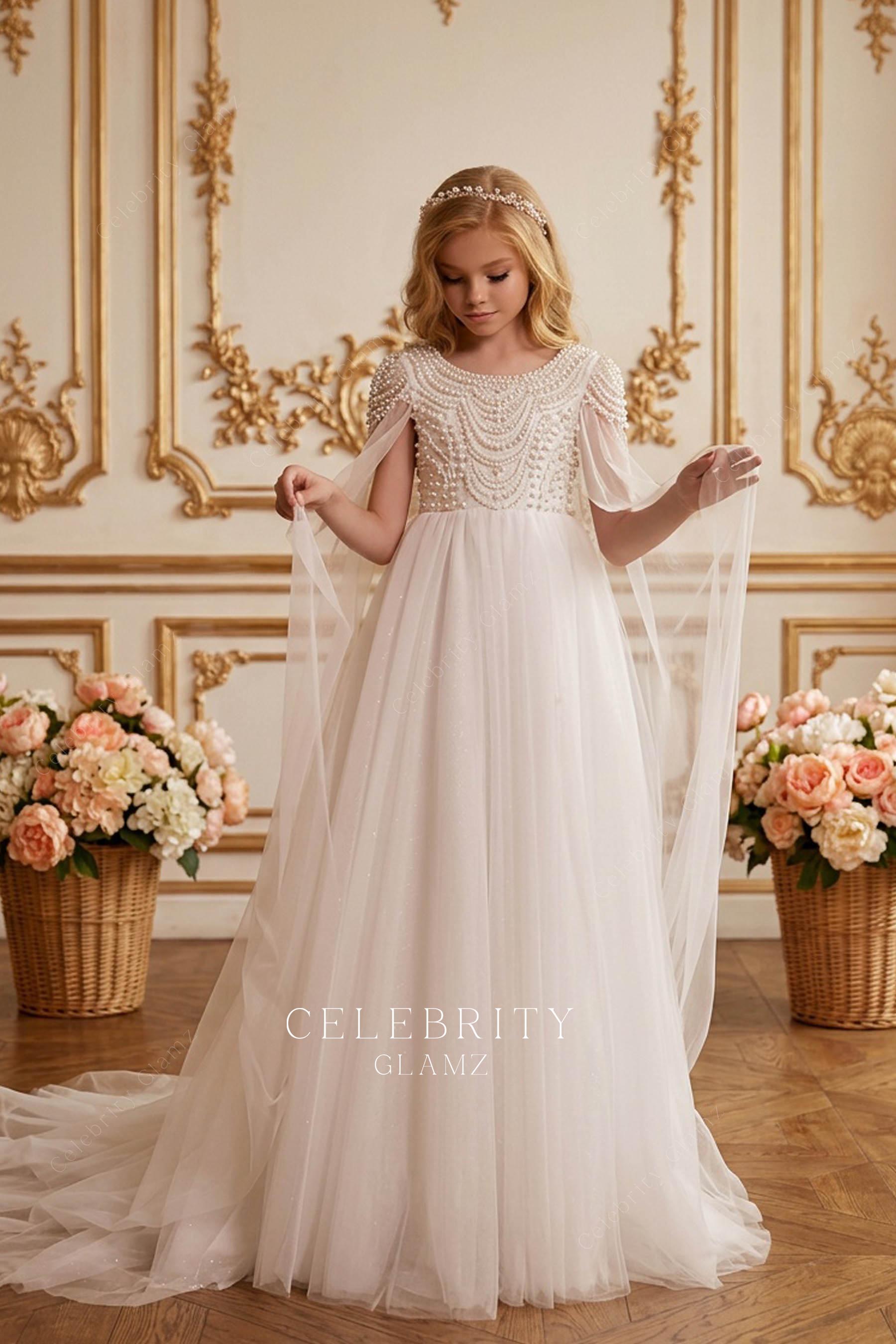 flowy cape sleeve first communion dress