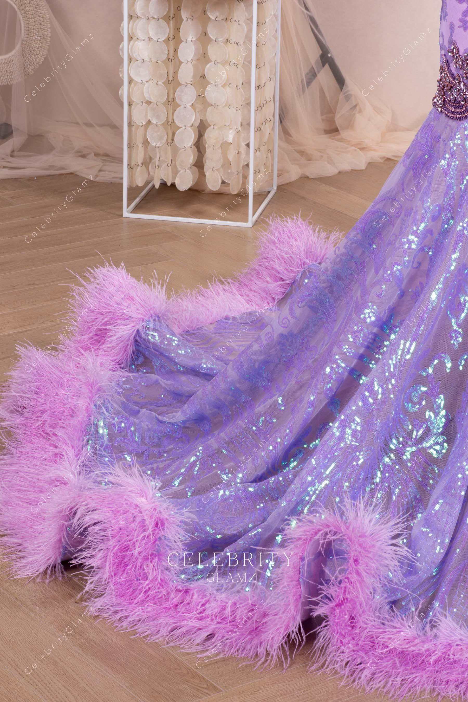 fluffy feather hem mermaid formal dress