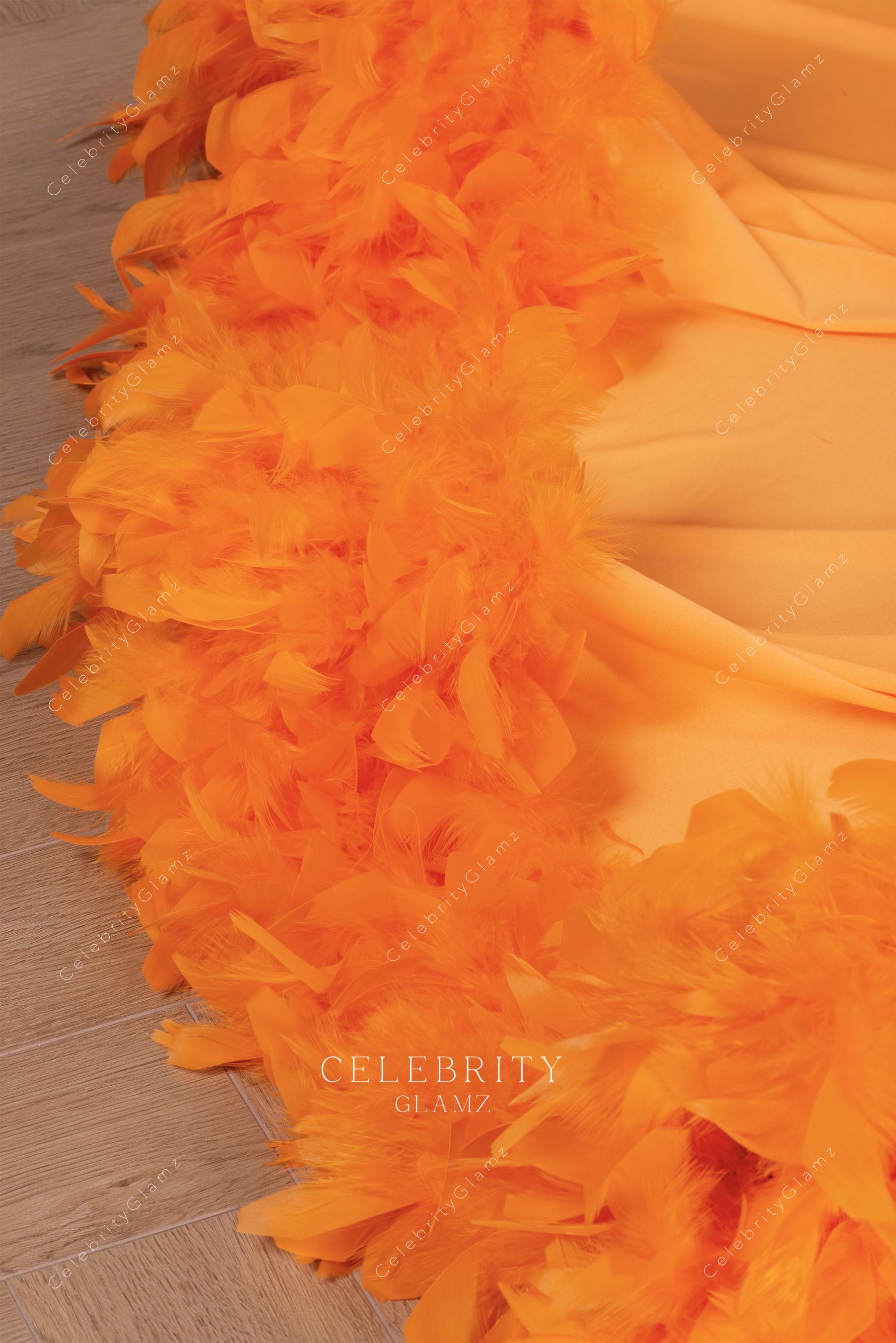 fluffy orange feathers prom dress