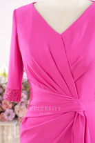 fuchsia half sleeves mother of bride dress