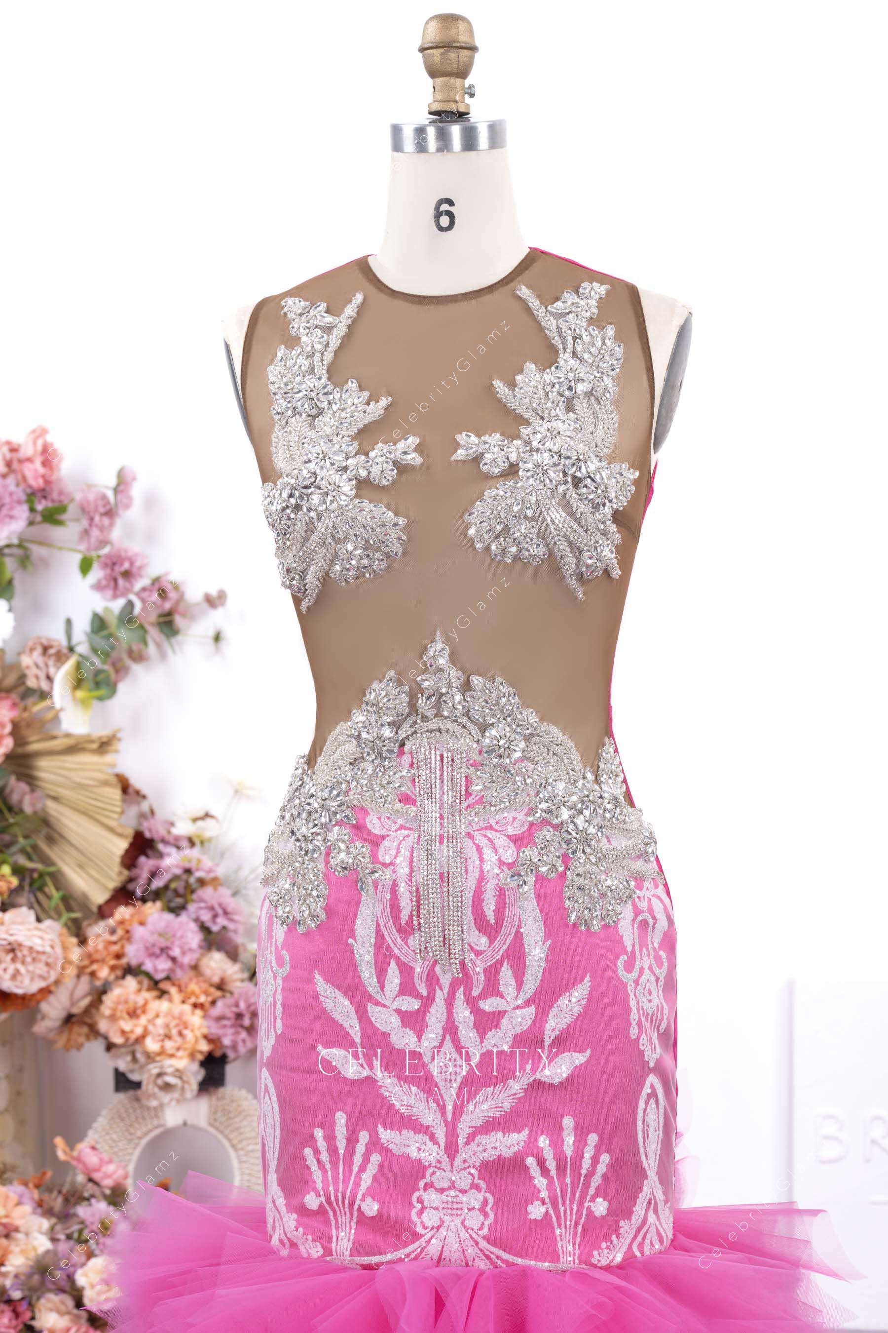 fuchsia illusion plunging prom gown