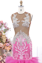 fuchsia illusion plunging prom gown