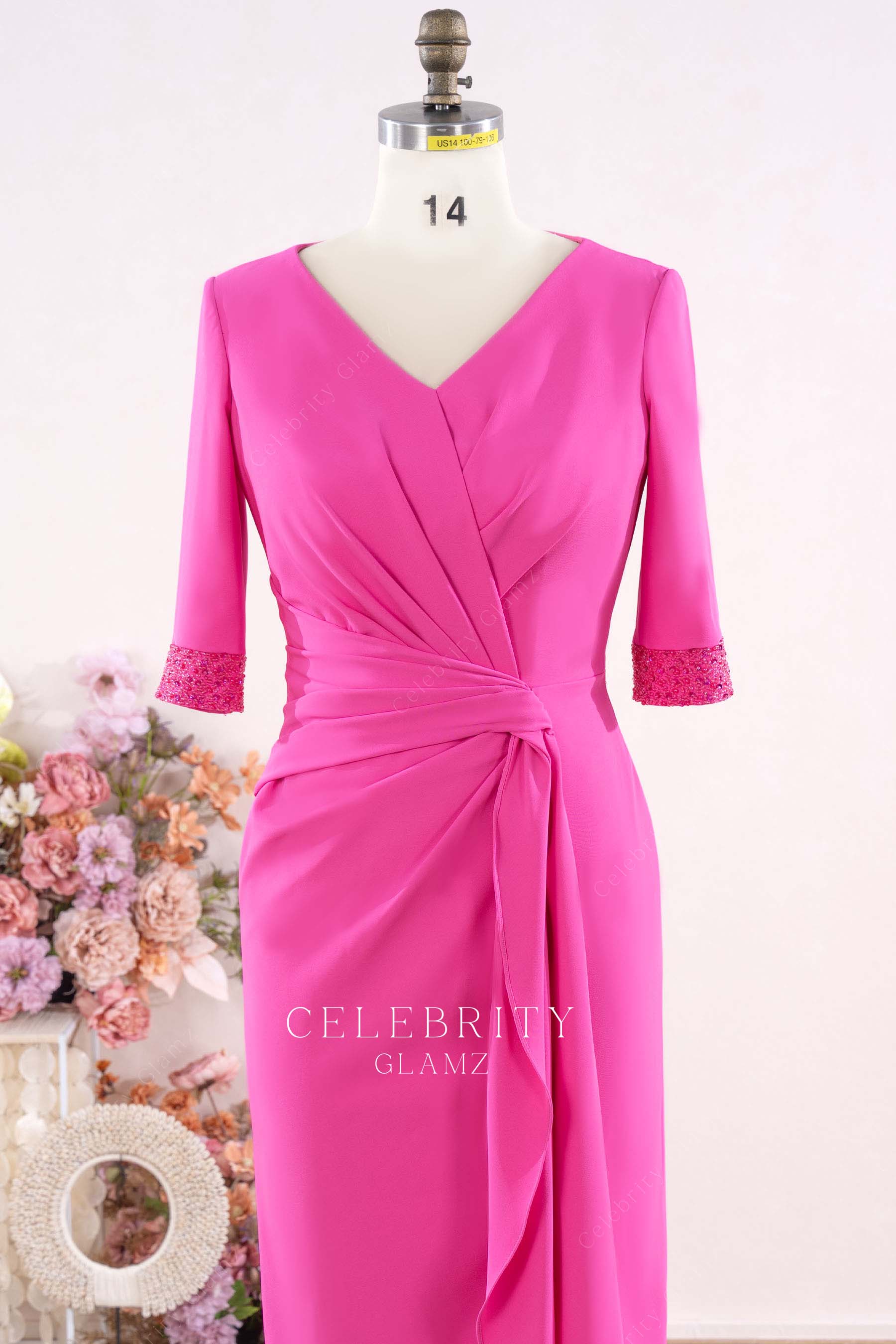 fuchsia v neck mother of bride dress
