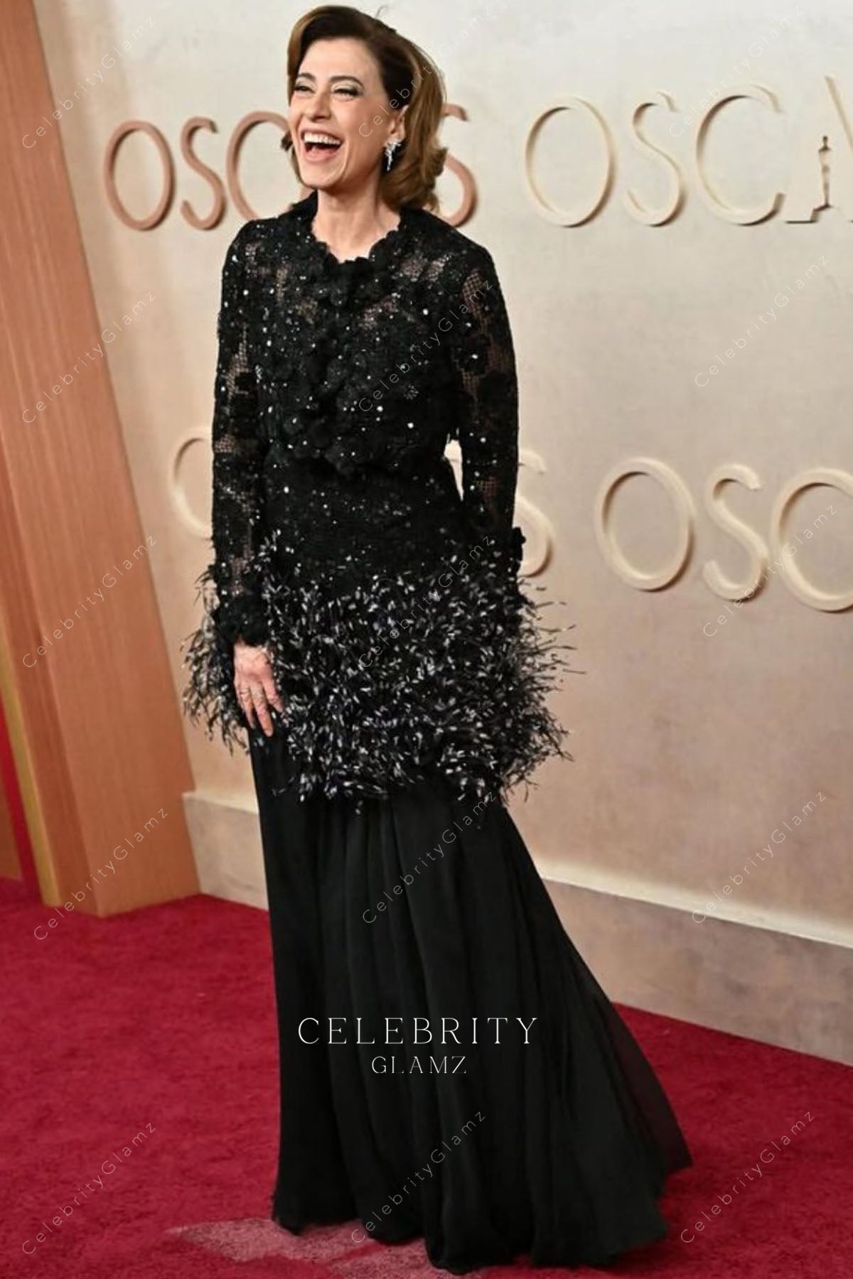 glitter black Fernanda Torres 2025 Oscars red carpet sheer dress